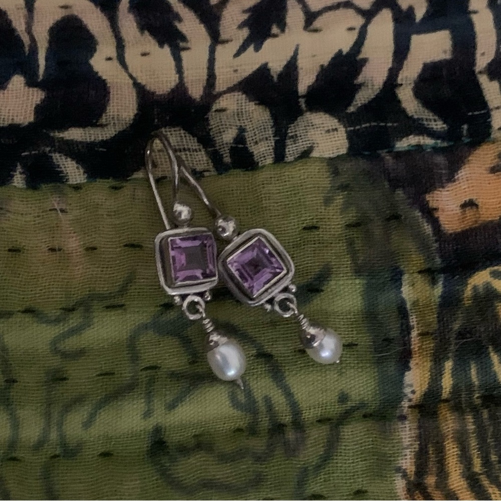 NEW sterling Silver, amethyst and fresh water pearl earrings